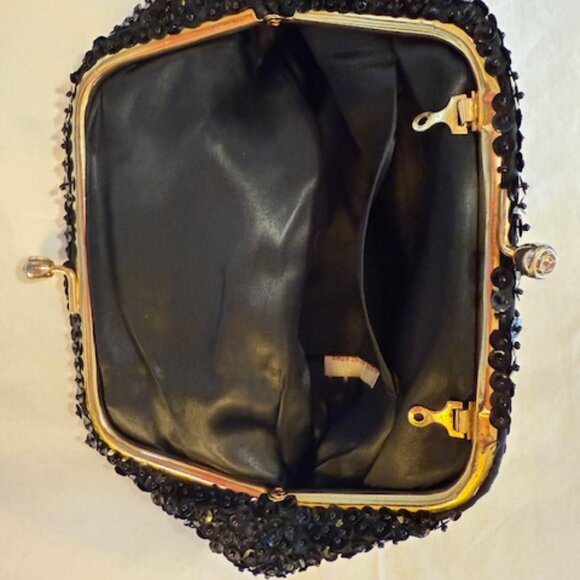 VINTAGE BLACK SPARKLY BEADED EVENING BAG PURSE CLUTH Made in Hong Kong - Picture 3 of 4